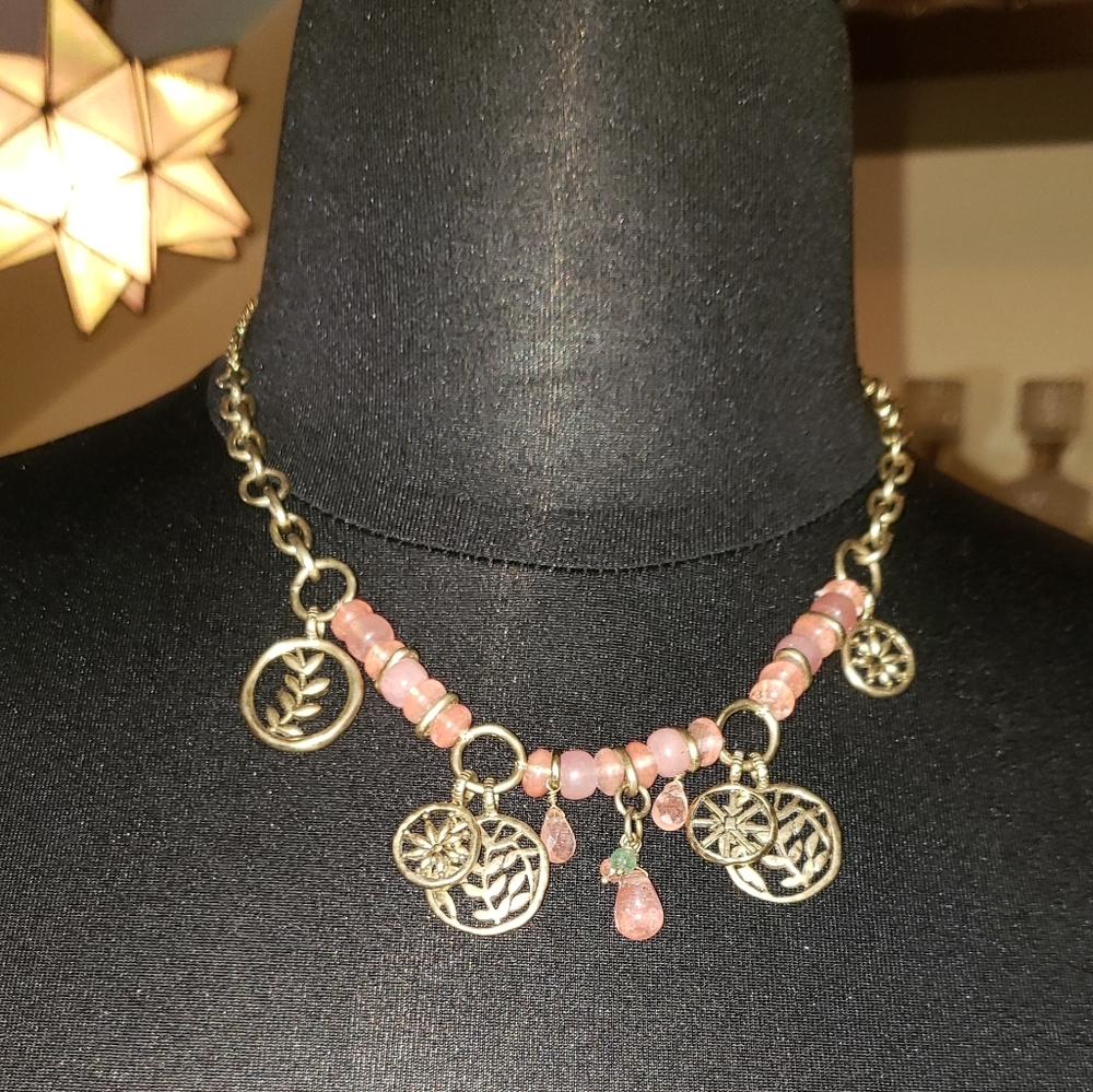 Sigfred Olsen Gold Tone Charm Peach Beads Necklace